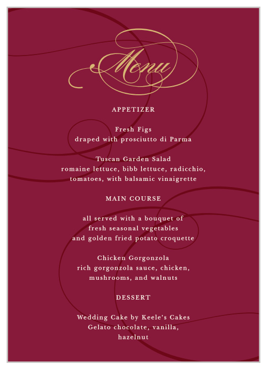 Describe each delicious dish that will be served at your reception with our Simple Scroll Wedding Menus.