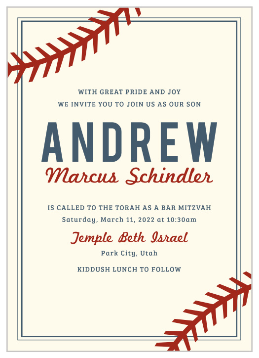 Hit a home run with our Baseball Pattern Bar Mitzvah Invitations!