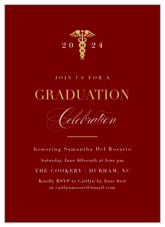 Celebrate your graduate's accomplishments with the shining appearance of our Classic Medical Graduation Party Invitations.