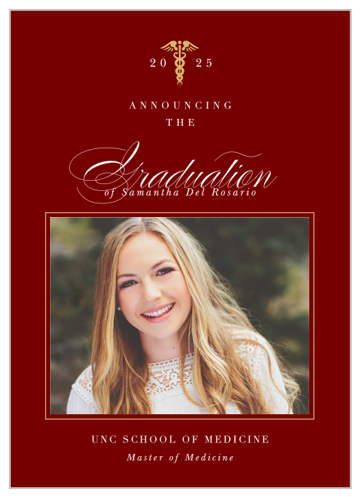 Pairing the stunning design of the invitation in this suite with your favorite photograph, our Classic Medical Graduation Announcements are a gorgeous addition to your celebration preparations.