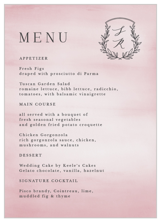 Describe each delicious dish that will be served at your reception with our Watercolor Initials Wedding Menus.