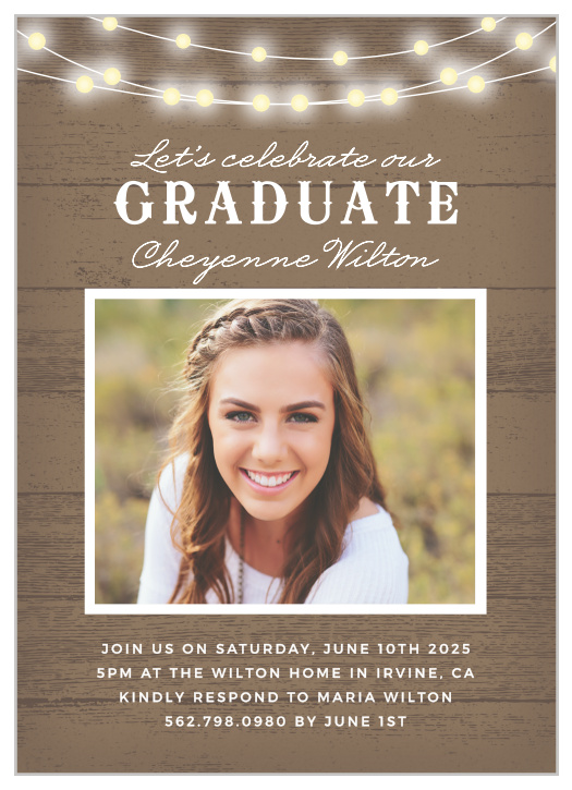 The Country Lights Party Graduation Invitations create a rustic, warm vibe that perfectly captures you in all your graduation excitement!