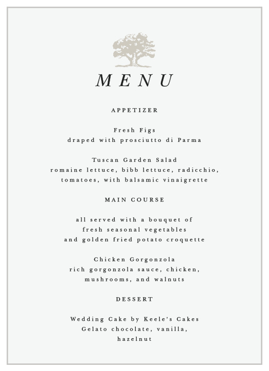 Make a sophisticated impression with our Majestic Tree Wedding Menus.
