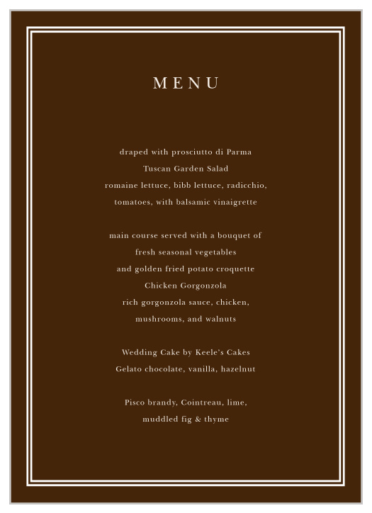 Display your event's course in style, with our Sheer Overlay Wedding Menus!