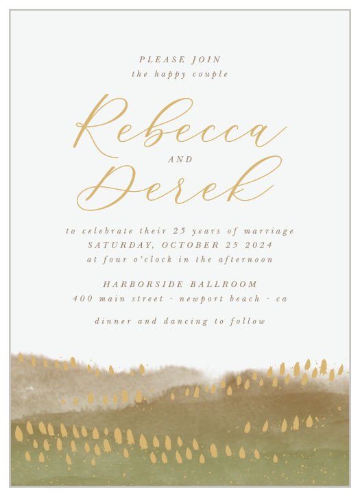 A watercolor rendering of a collection of mountains creates a romantic atmosphere on our Saturated Hills Vow Renewal Invitations!
