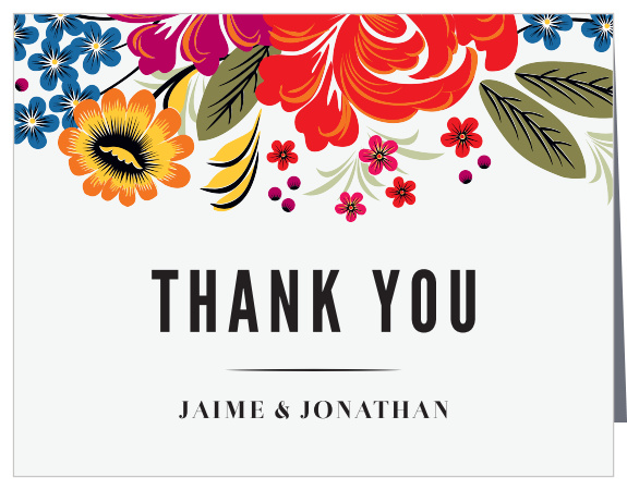 The vibrant, popping colors of our Spanish Bouquet Vow Renewal Thank You Cards are the perfect way to express gratitude to your loving friends and family!