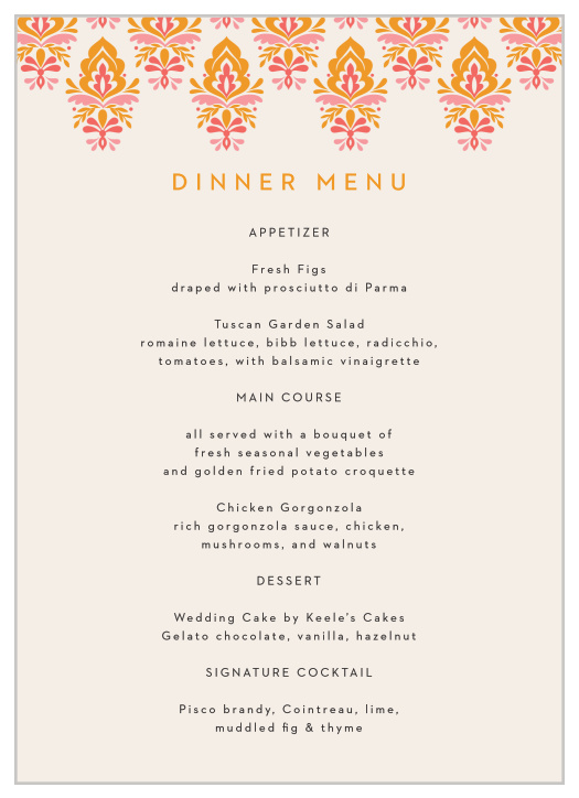 Let family and friends know what mouthwatering foods will be served at your reception with our Damask Sides Wedding Menus.