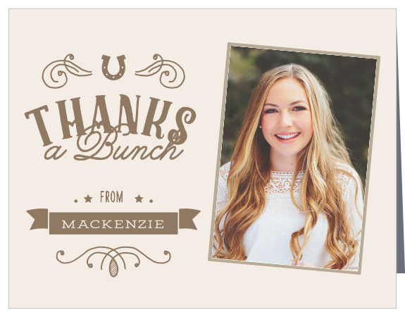 Few things share your graduate's gratitude like their own smiling face on the front of our Country Horseshoe Graduation Thank You Card.