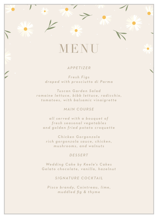 Our Falling Daisies wedding menus have plenty of room for all your important details.