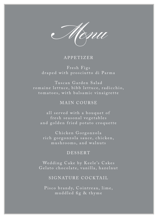 Simply Scripted Wedding Menus describe every tantalizing meal option in delectable detail.