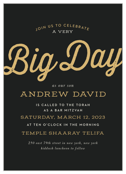 A modern, funky design makes the Scripty Big Day Bar Mitzvah Invitations the perfect way to invite all your child's friends and family to their Bar Mitzvah!