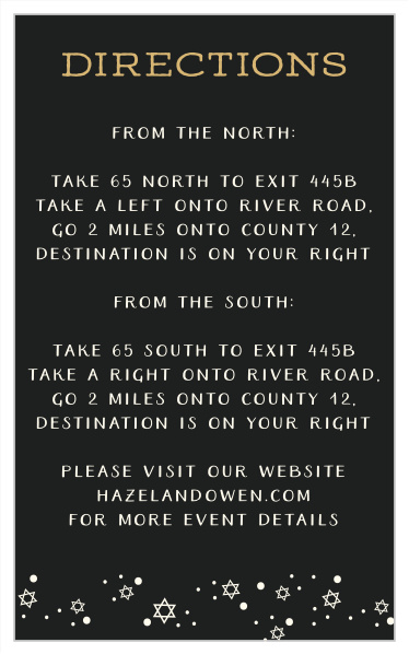 Our Scripty Big Day Bar Mitzvah Direction Cards feature an elegant black and gold color scheme that will truly leave an impression on your guests!