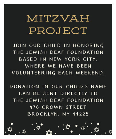Our Scripty Big Day Bar Mitzvah Project Cards feature a sleek black and gold color scheme that will truly leave an impression on your guests!