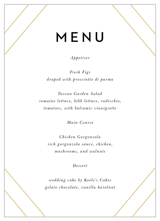 Describe every dinner option in decadent detail with our Modern Geometry Wedding Menus.