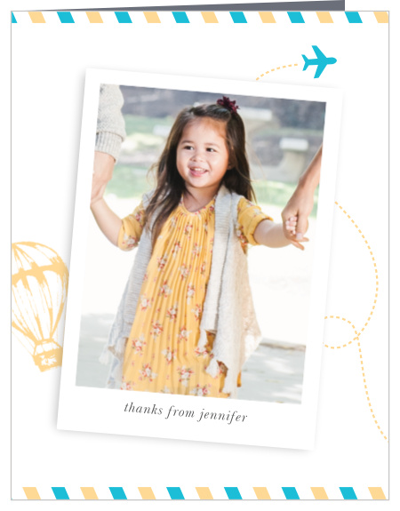 Show your appreciation for the support of your graduate with our Travel Balloon Graduation Thank You Card, neatly arrayed on a variety of bright, welcoming colors.