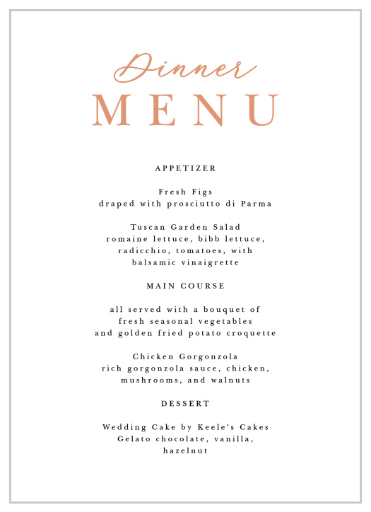 Describe each delicious that will be served at your reception to family and friends with our Fading Photo Wedding Menus.