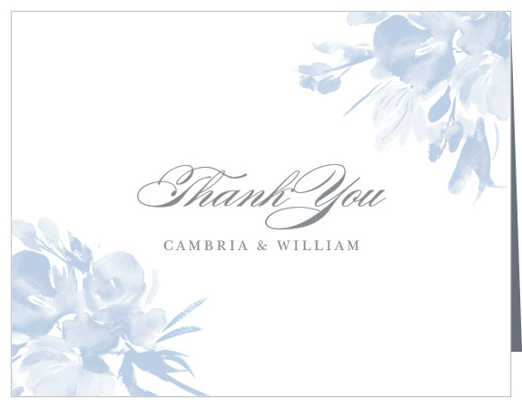 Soft blue, washed out blooms grace the edges of Floral Subtlety Vow Renewal Thank You Cards.