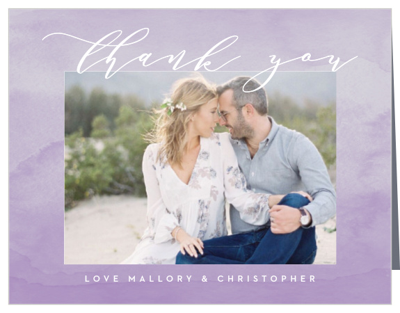 A beautiful photo of the happy couple serves as the focal point of our Lavender Dip Dye Vow Renewal Thank You Cards!