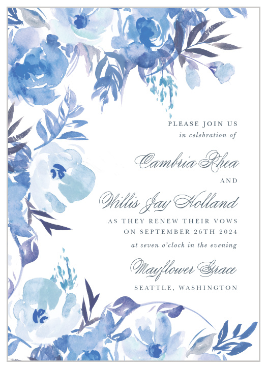 Your love is in full bloom with the floral beauty of our Dainty Wildflowers Vow Renewal Invitations. Lilting calligraphy swirls through the page, highlighting key details among the typography of the rest of your card. Covered in a collection of stunning blue wildflowers, these cards showcase the new life of your old love.