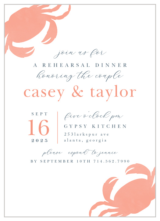 Our Painterly Crab Rehearsal Dinner Invitations feature a design of whimsical, nautical fun!