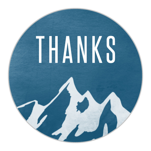 Our Ski Mountain Bar Mitzvah Stickers are simple and fun! A textured blue background sets the stage for a snowy mountain illustration.