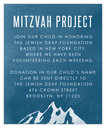 Your child has likely been working hard on their Mitzvah project, and Ski Mountain Bar Mitzvah Project Cards are a fun way to let them announce to their guests what they've been up to!