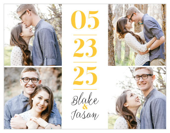 Our Bold Day Save-the-Date Magnets feature space for you to showcase a photo in each corner of this unique design!