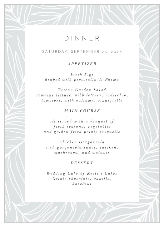 Display your event's meal options against our stylish Bordered Fun Wedding Menus!