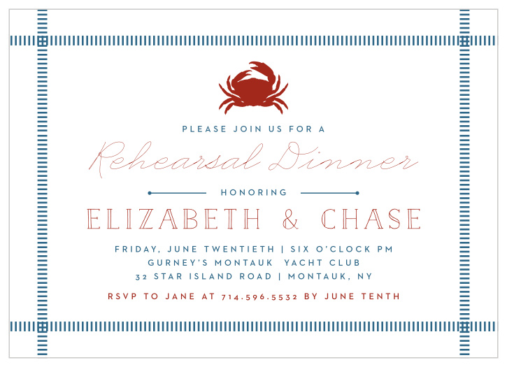 You'll love the casual, nautical theme of our Crab Feast Rehearsal Dinner Invitations!