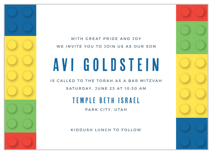 Gather your family and friends together to join in the celebration with our Construction Cubes Bar Mitzvah Invitations.