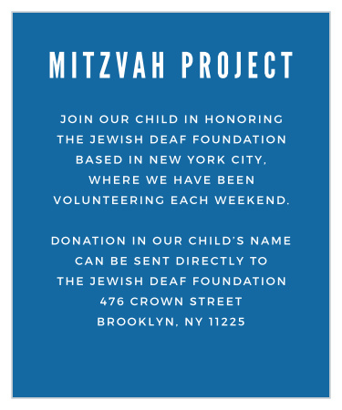 Let your loved ones know of any charities you are helping with our Construction Cubes Bar Mitzvah Project Cards.