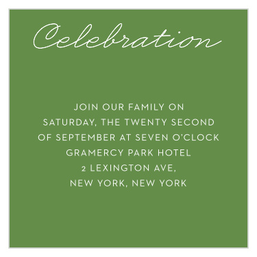 A fun calligraphy font spells out "Celebration" across the top of our Sports Frenzy Bar Mitzvah Reception Cards!