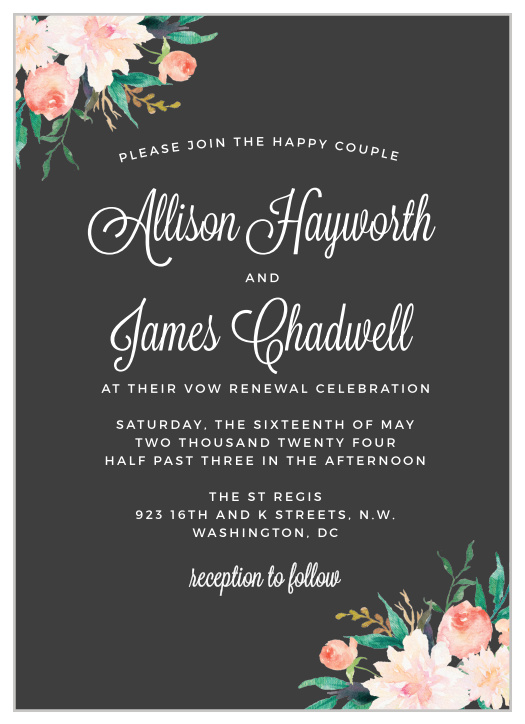 Sweet watercolor florals adorn the corners of our Chalkboard Blooms Vow Renewal Invitations!