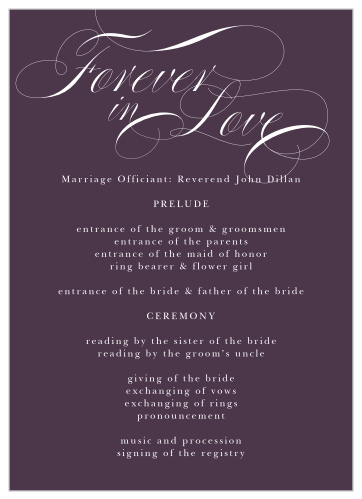 The Scripted Love Wedding Programs feature an muted purple background and elegant bright white text that matches the other items in this wedding invitation package perfectly.