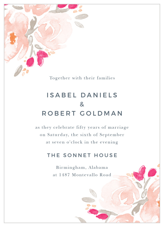 Beautiful watercolor florals decorate the corners of our Adorning Bouquet Vow Renewal Invitations!