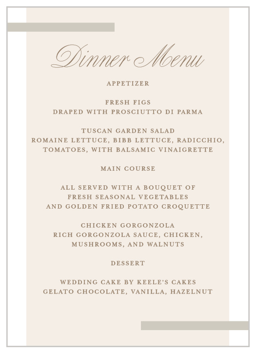 Let your guests know what you're serving with our Modern Memories Wedding Menus.