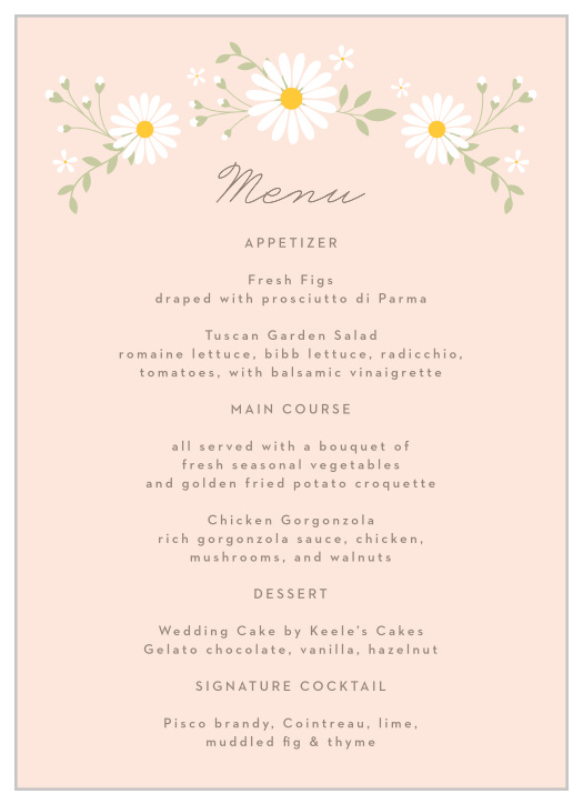 Our Summer Daisy Wedding Menus describe each delicious dish that will be served at your reception.