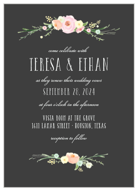 Featuring a stunning marriage of vintage styling and modern skill, our Flourishing Garden Vow Renewal Invitations give you the opportunity to share this important day with the people you care about most.