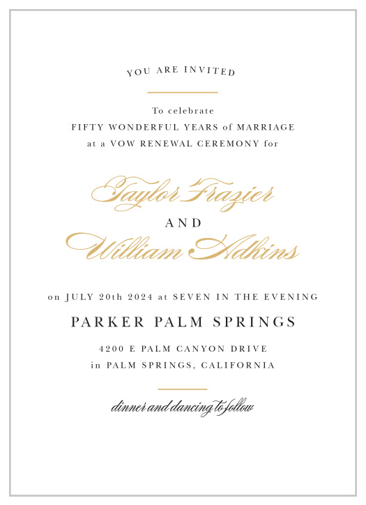 A captivating collection of typefaces spells out every detail of your special day on our Refined Vintage Portrait Foil Vow Renewal Invitations.