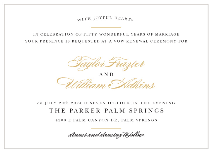 A captivating collection of typefaces spells out every detail of your special day on our Refined Vintage Landscape Foil Vow Renewal Invitations.