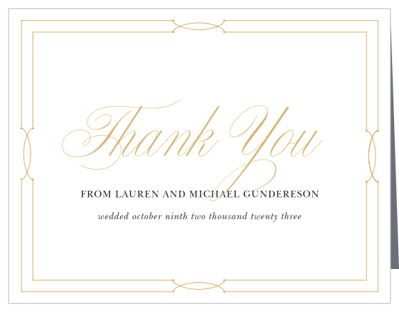 Elegant calligraphy forms the basis of our Love Twists Vow Renewal Thank You Cards, a shining gold-foil that stands out brilliantly against the sheer white background.