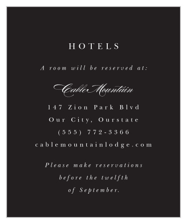 Our Classic Photo Accommodation Cards stick with the elegant black and white theme that you see throughout the rest of this wedding invitation package! 