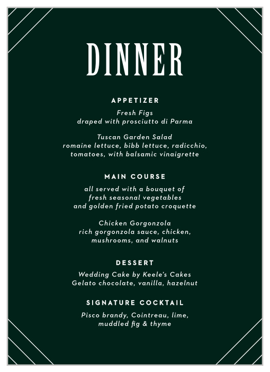 Describe every dinner option in decadent detail with our Elegant Union Wedding Menus. 