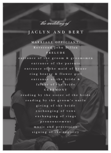 The front of our Classic Photo Wedding Programs features a photo of you as the background.  