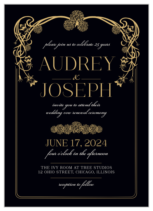 Our Blossoming Vines Vow Renewal Invitations offer a resplendently vintage appearance for the renewal of your wedding vows.