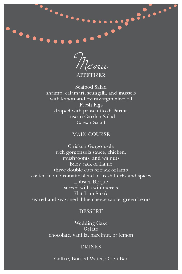 Impress your guests with the simple yet elegant and bold look of the String Lights wedding menu.