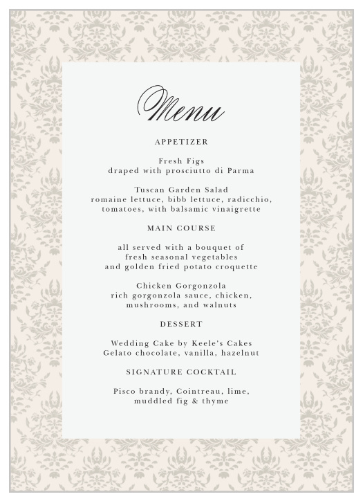 Let family and friends know what will be served at your reception with our Damask Border Wedding Menus.