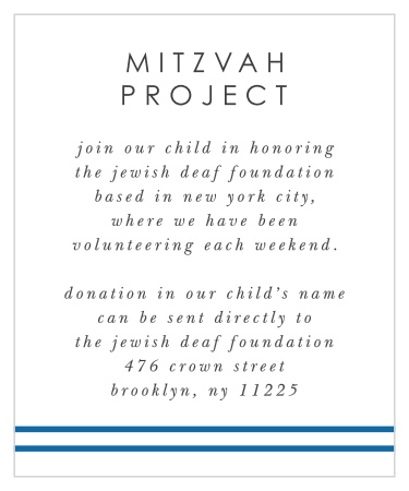 Inform your family and friends of any charities or causes your child is helping with our Navy Star Bar Mitzvah Project Cards.