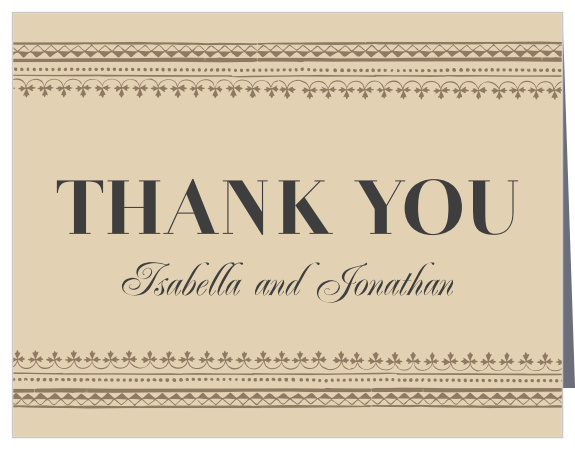 Express your sincere appreciation with the antique design of our Vintage Playbill Vow Renewal Thank You Cards. A well-weathered background sets the stage for your message in bold lettering, signed shortly after by your own names in a swooping, swirling calligraphy. With simple illustrations forming a top and bottom border around your text, as well as plenty of space to write your own personalized message, these cards help you say everything you could ever need.