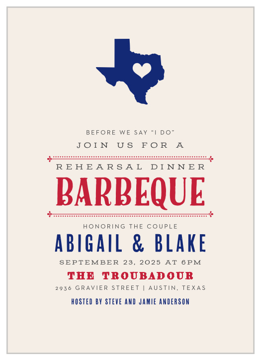 Show off your love for Texas with our Texas Barbeque Rehearsal Dinner Invitations!